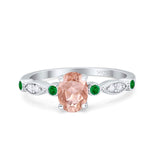 Vintage Style Oval Bridal Wedding Engagement Ring Round Green Emerald Simulated Cubic Zirconia 925 Sterling Silver