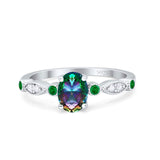 Vintage Style Oval Bridal Wedding Engagement Ring Round Green Emerald Simulated Cubic Zirconia 925 Sterling Silver