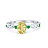 Vintage Style Oval Bridal Wedding Engagement Ring Round Green Emerald Simulated Cubic Zirconia 925 Sterling Silver