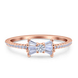 Petite Dainty Ribbon Bow Ring Baguette Engagement Band Round Simulated Cubic Zirconia 925 Sterling Silver
