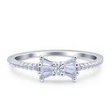 Petite Dainty Ribbon Bow Ring Baguette Engagement Band Round Simulated Cubic Zirconia 925 Sterling Silver