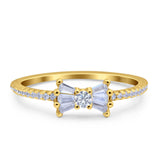 Petite Dainty Ribbon Bow Ring Baguette Engagement Band Round Simulated Cubic Zirconia 925 Sterling Silver