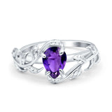 Art Deco Leaves Pear Vintage Style Bridal Wedding Engagement Ring Round Simulated Cubic Zirconia 925 Sterling Silver