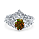 Two Piece Vintage Style Wedding Engagement Bridal Set Ring Band Oval Simulated Cubic Zirconia 925 Sterling Silver