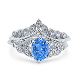 Two Piece Vintage Style Wedding Engagement Bridal Set Ring Band Oval Simulated Cubic Zirconia 925 Sterling Silver