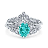 Two Piece Vintage Style Wedding Engagement Bridal Set Ring Band Oval Simulated Cubic Zirconia 925 Sterling Silver