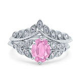 Two Piece Vintage Style Wedding Engagement Bridal Set Ring Band Oval Simulated Cubic Zirconia 925 Sterling Silver