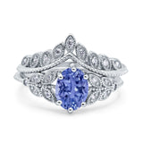 Two Piece Vintage Style Wedding Engagement Bridal Set Ring Band Oval Simulated Cubic Zirconia 925 Sterling Silver