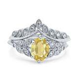 Two Piece Vintage Style Wedding Engagement Bridal Set Ring Band Oval Simulated Cubic Zirconia 925 Sterling Silver