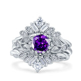 Art Deco Three Piece Wedding Bridal Set Ring Baguette Round Simulated Cubic Zirconia 925 Sterling Silver