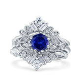 Art Deco Three Piece Wedding Bridal Set Ring Baguette Round Simulated Cubic Zirconia 925 Sterling Silver