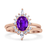 Two Piece Vintage Style Art Deco Wedding Bridal Set Ring Band Oval Simulated Cubic Zirconia 925 Sterling Silver