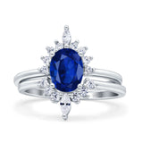 Two Piece Vintage Style Art Deco Wedding Bridal Set Ring Band Oval Simulated Cubic Zirconia 925 Sterling Silver