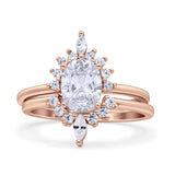Two Piece Vintage Style Art Deco Wedding Bridal Set Ring Band Oval Simulated Cubic Zirconia 925 Sterling Silver