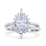Two Piece Vintage Style Art Deco Wedding Bridal Set Ring Band Oval Simulated Cubic Zirconia 925 Sterling Silver