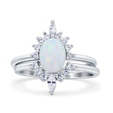 Two Piece Vintage Style Art Deco Wedding Bridal Set Ring Band Oval Simulated Cubic Zirconia 925 Sterling Silver