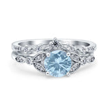 Two Piece Vintage Style Wedding Bridal Set Ring Band Round Simulated Cubic Zirconia 925 Sterling Silver