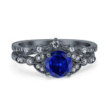 Two Piece Vintage Style Wedding Bridal Set Ring Band Round Simulated Cubic Zirconia 925 Sterling Silver