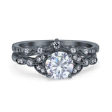 Two Piece Vintage Style Wedding Bridal Set Ring Band Round Simulated Cubic Zirconia 925 Sterling Silver