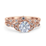 Two Piece Vintage Style Wedding Bridal Set Ring Band Round Simulated Cubic Zirconia 925 Sterling Silver