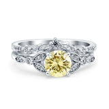 Two Piece Vintage Style Wedding Bridal Set Ring Band Round Simulated Cubic Zirconia 925 Sterling Silver
