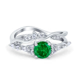 Two Piece Vintage Style Art Deco Engagement Bridal Set Ring Band Round Simulated Cubic Zirconia 925 Sterling Silver