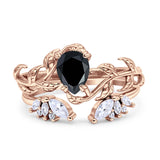 Art Deco Teardrop Pear Leaf Design Wedding Two Piece Ring Simulated Cubic Zirconia Stones 925 Sterling Silver