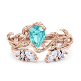 Art Deco Teardrop Pear Leaf Design Wedding Two Piece Ring Simulated Cubic Zirconia Stones 925 Sterling Silver