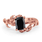 Art Deco Engagement Ring Natural Leaf Design Emerald Cut Cubic Zirconia 925 Sterling Silver