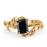 Art Deco Engagement Ring Natural Leaf Design Emerald Cut Cubic Zirconia 925 Sterling Silver