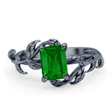 Art Deco Engagement Ring Natural Leaf Design Emerald Cut Cubic Zirconia 925 Sterling Silver