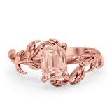 Art Deco Engagement Ring Natural Leaf Design Emerald Cut Cubic Zirconia 925 Sterling Silver