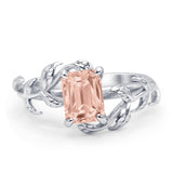 Art Deco Engagement Ring Natural Leaf Design Emerald Cut Cubic Zirconia 925 Sterling Silver