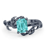 Art Deco Engagement Ring Natural Leaf Design Emerald Cut Cubic Zirconia 925 Sterling Silver