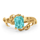 Art Deco Engagement Ring Natural Leaf Design Emerald Cut Cubic Zirconia 925 Sterling Silver