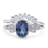 Vintage Oval Lab Alexandrite Art Deco Bridal Set Engagement Ring