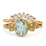Vintage Oval Natural Green Amethyst Art Deco Bridal Set Engagement Ring