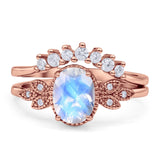 Vintage Oval Natural Moonstone Art Deco Bridal Set Engagement Ring