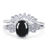 Vintage Oval Natural Black Onyx Art Deco Bridal Set Engagement Ring