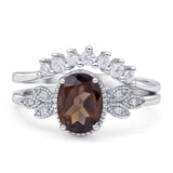 Vintage Oval Natural Smoky Quartz Art Deco Bridal Set Engagement Ring