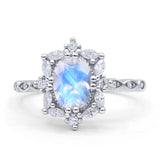Art Deco Oval Natural Moonstone Halo Ballerina Style Engagement Ring