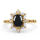 Art Deco Oval Natural Black Onyx Halo Ballerina Style Engagement Ring