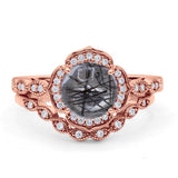 Vintage Style Round Natural Rutilated Quartz Floral Bridal Set Engagement Ring