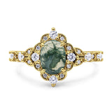 Halo Art Deco Oval Natural Green Moss Agate Engagement Ring