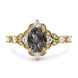 Halo Art Deco Oval Natural Rutilated Quartz Engagement Ring