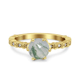Vintage Dainty Round Natural Green Moss Agate Engagement Ring