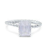 Hidden Halo Twisted Rope Emerald Cut Natural Moonstone Engagement Ring