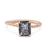 Hidden Halo Twisted Rope Emerald Cut Natural Rutilated Quartz Engagement Ring