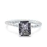 Hidden Halo Twisted Rope Emerald Cut Natural Rutilated Quartz Engagement Ring