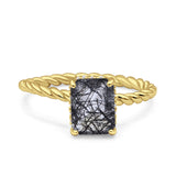 Hidden Halo Twisted Rope Emerald Cut Natural Rutilated Quartz Engagement Ring
